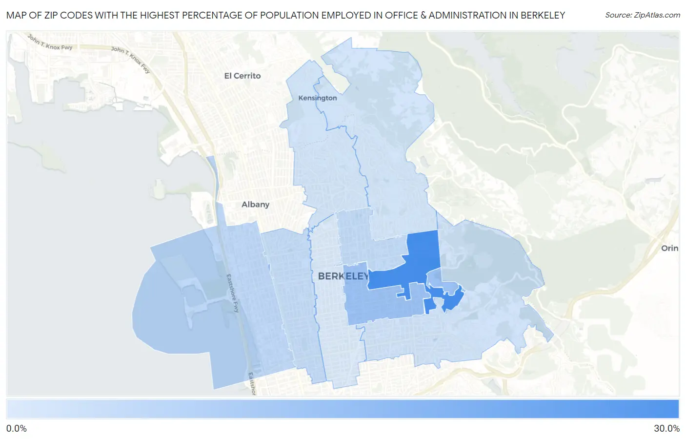 Zip Codes with the Highest Percentage of Population Employed in Office & Administration in Berkeley Map