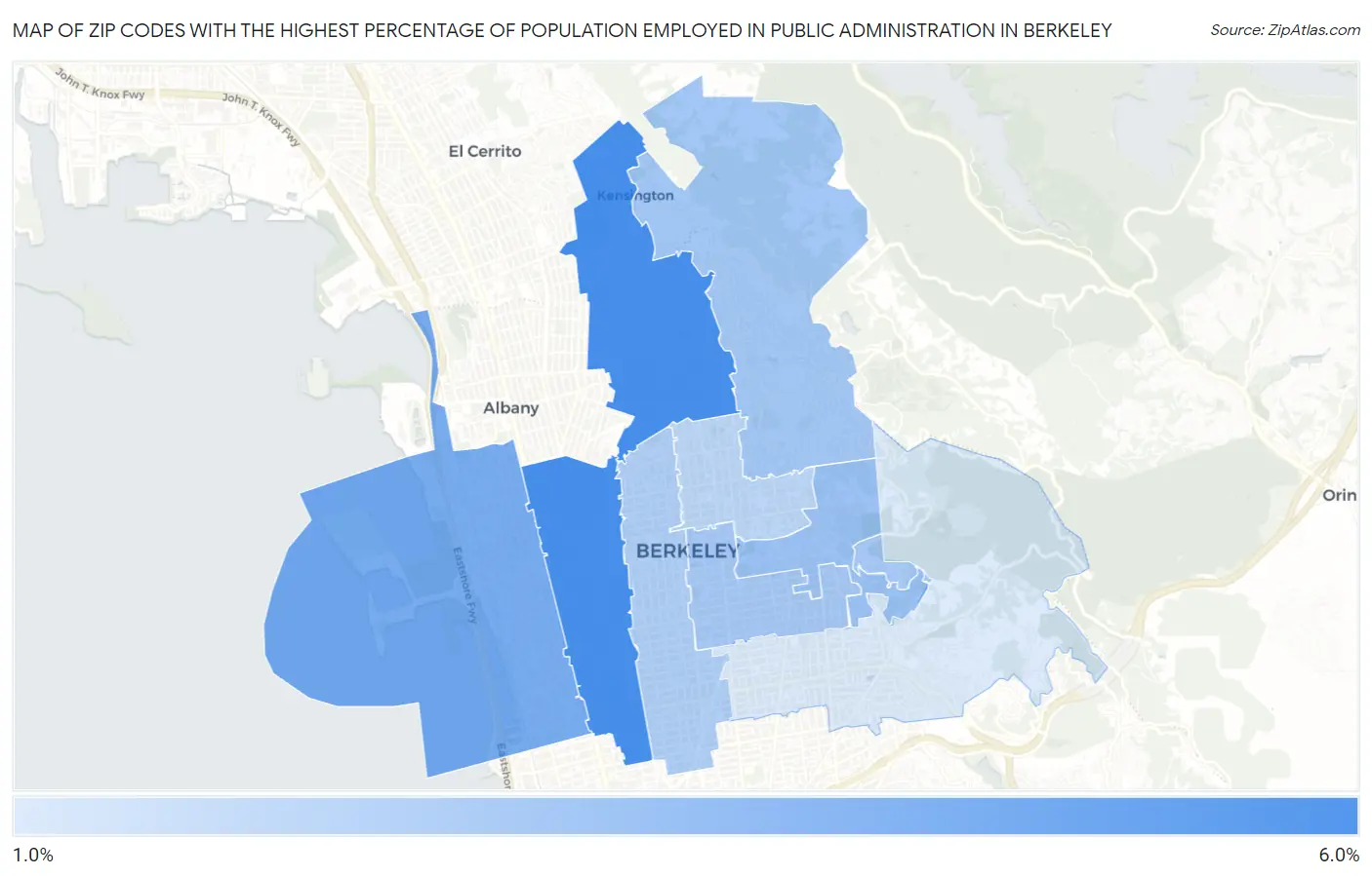 Zip Codes with the Highest Percentage of Population Employed in Public Administration in Berkeley Map