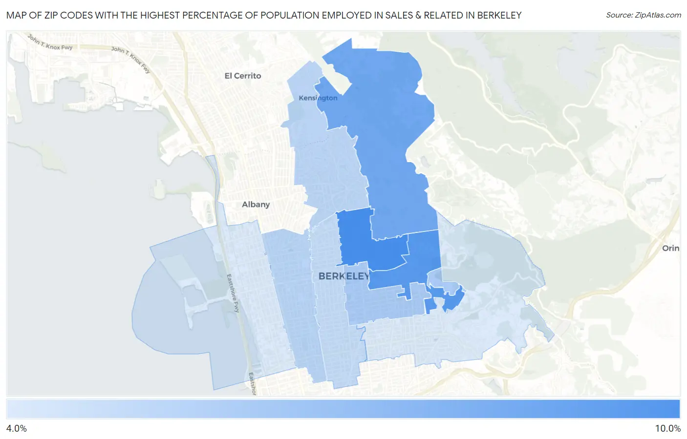 Zip Codes with the Highest Percentage of Population Employed in Sales & Related in Berkeley Map