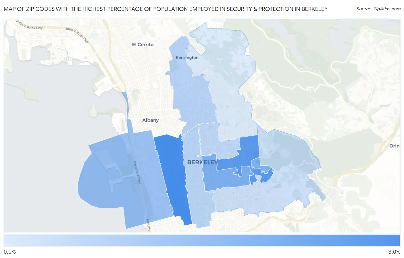 Zip Codes with the Highest Percentage of Population Employed in Security & Protection in Berkeley Map