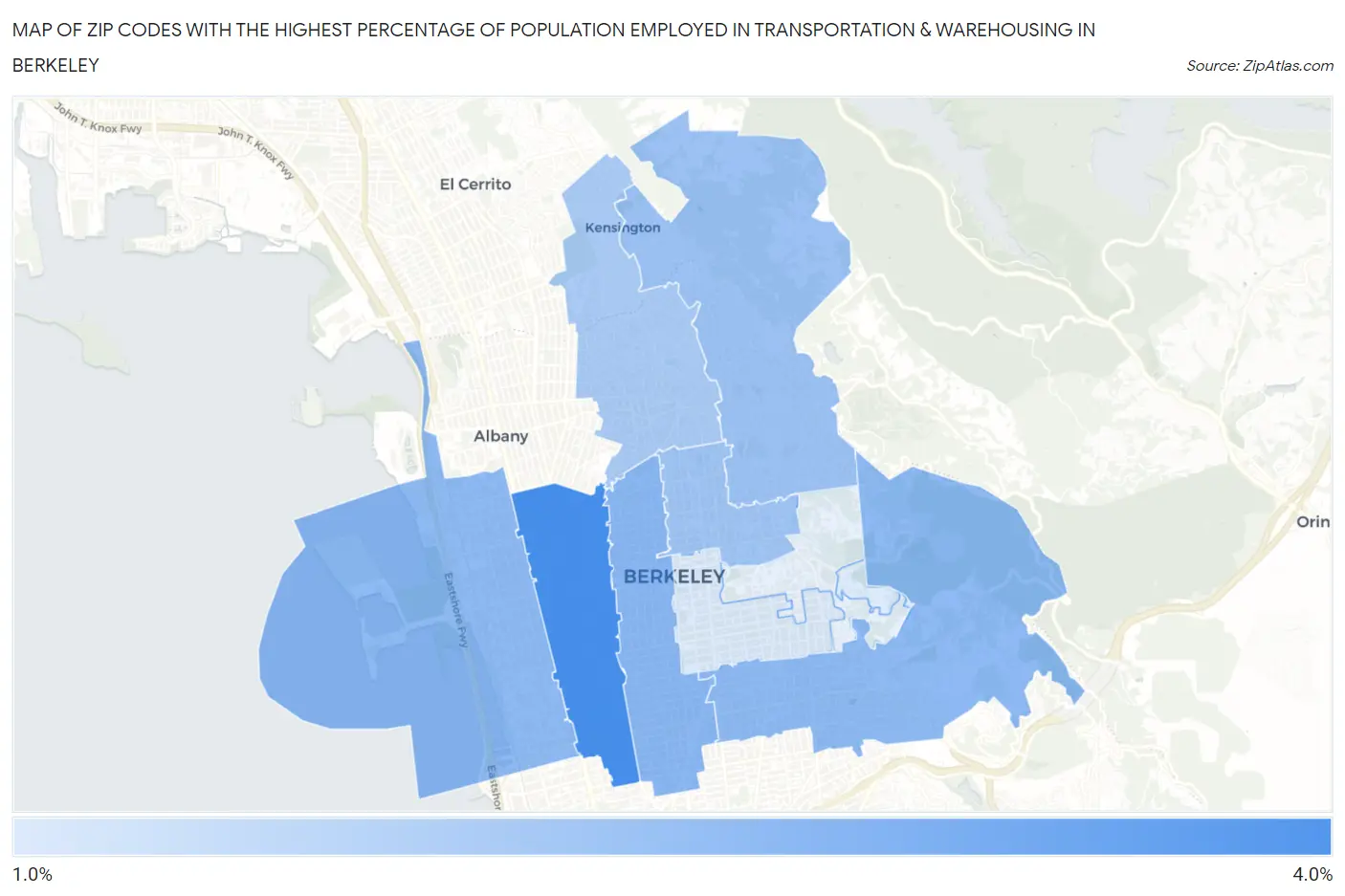 Zip Codes with the Highest Percentage of Population Employed in Transportation & Warehousing in Berkeley Map