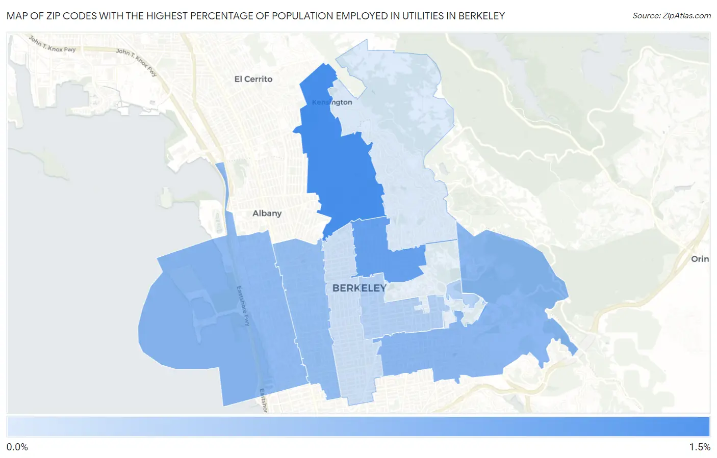 Zip Codes with the Highest Percentage of Population Employed in Utilities in Berkeley Map