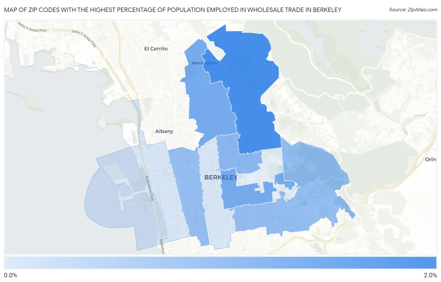 Zip Codes with the Highest Percentage of Population Employed in Wholesale Trade in Berkeley Map