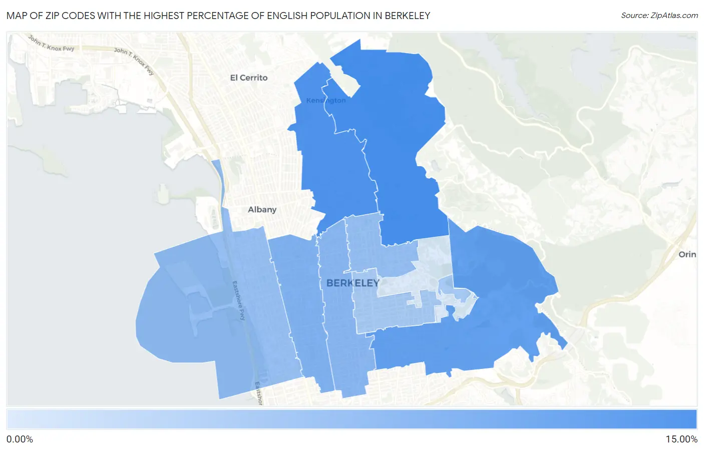 Zip Codes with the Highest Percentage of English Population in Berkeley Map