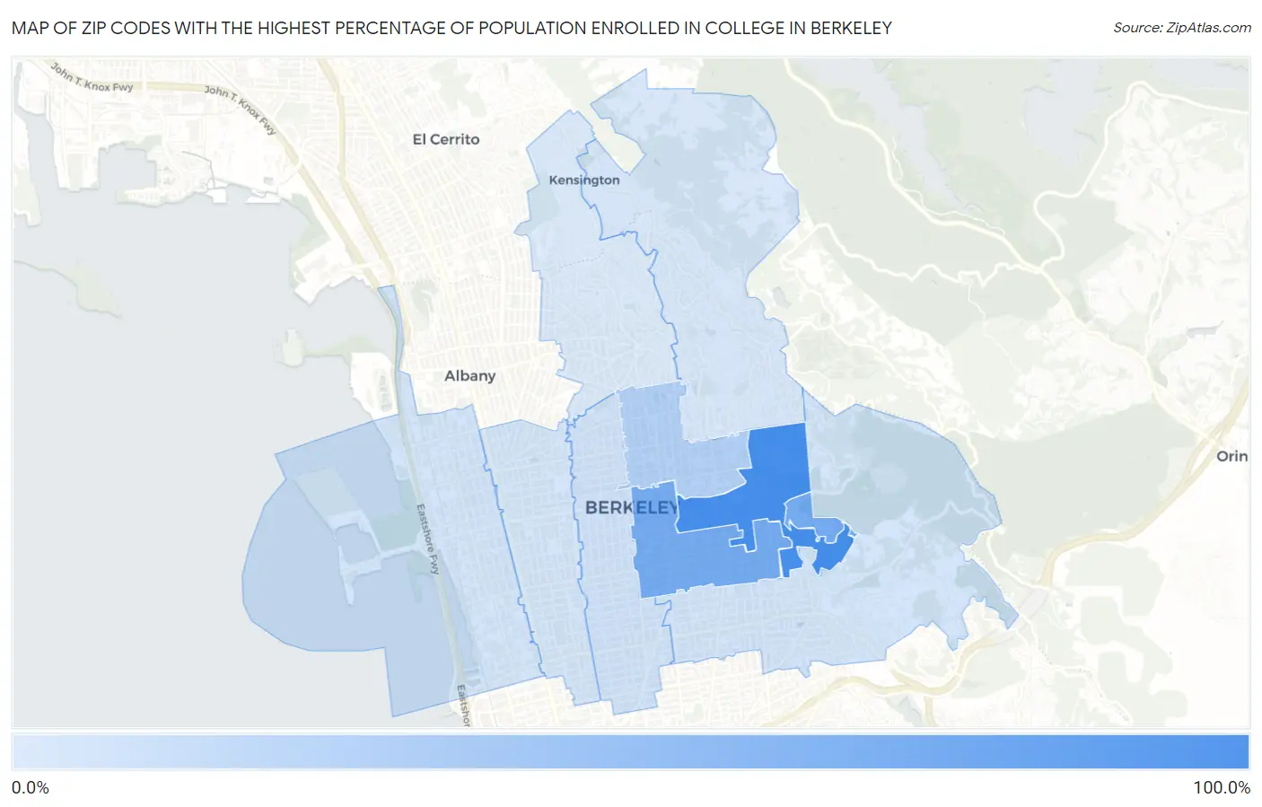 Zip Codes with the Highest Percentage of Population Enrolled in College in Berkeley Map