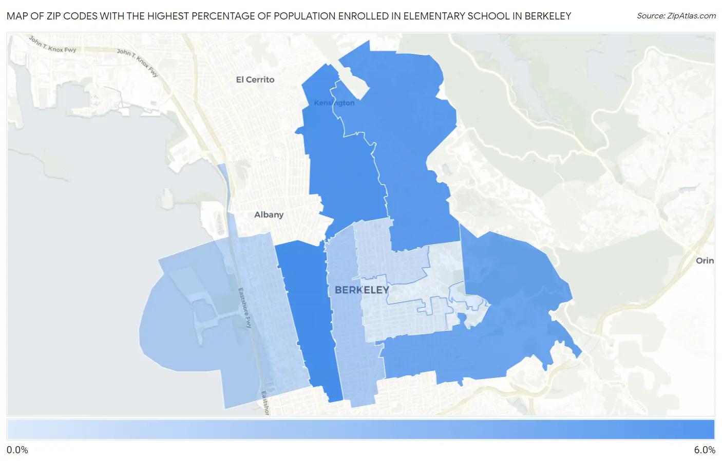 Zip Codes with the Highest Percentage of Population Enrolled in Elementary School in Berkeley Map