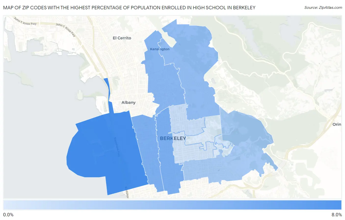 Zip Codes with the Highest Percentage of Population Enrolled in High School in Berkeley Map