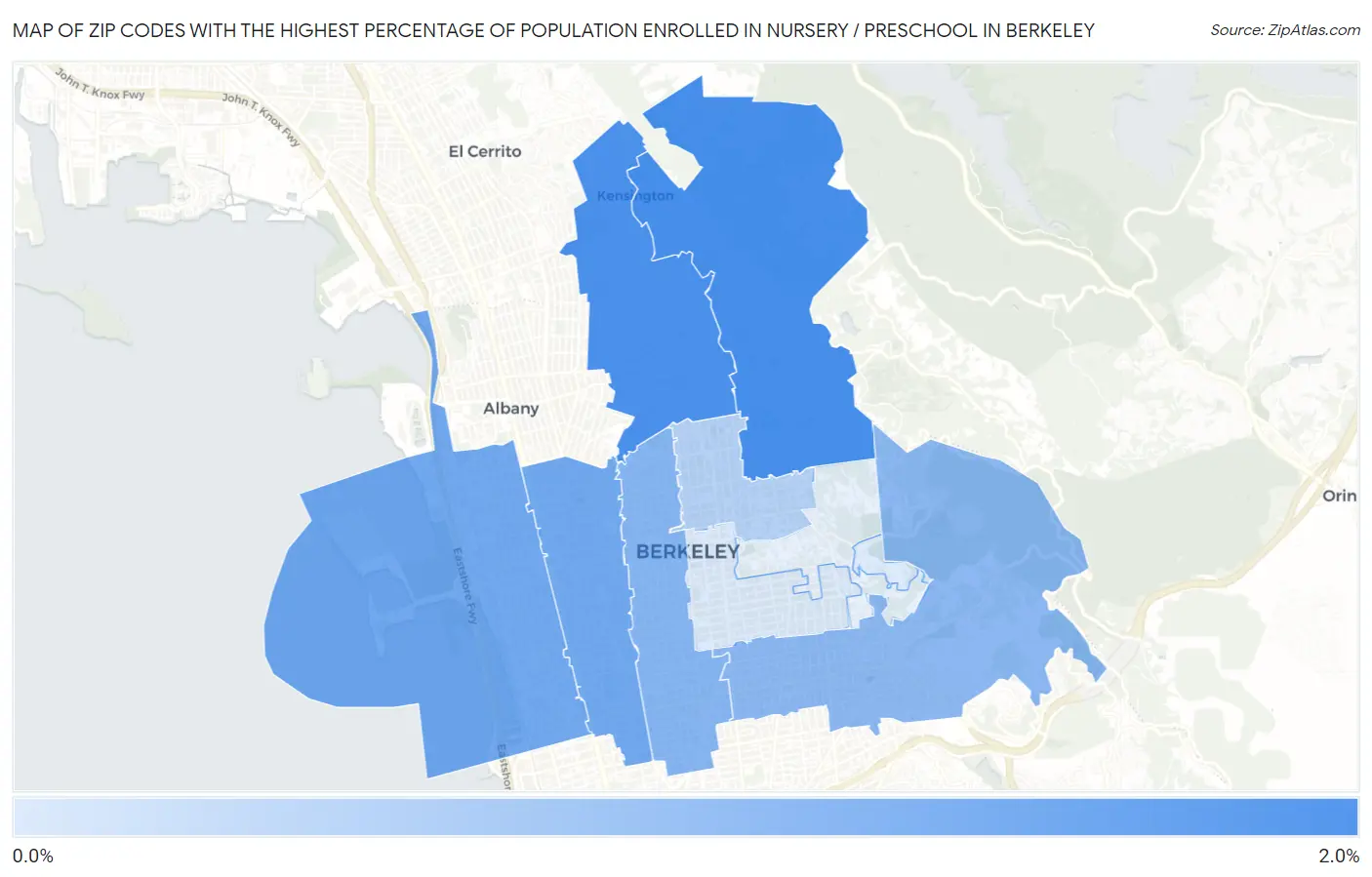Zip Codes with the Highest Percentage of Population Enrolled in Nursery / Preschool in Berkeley Map