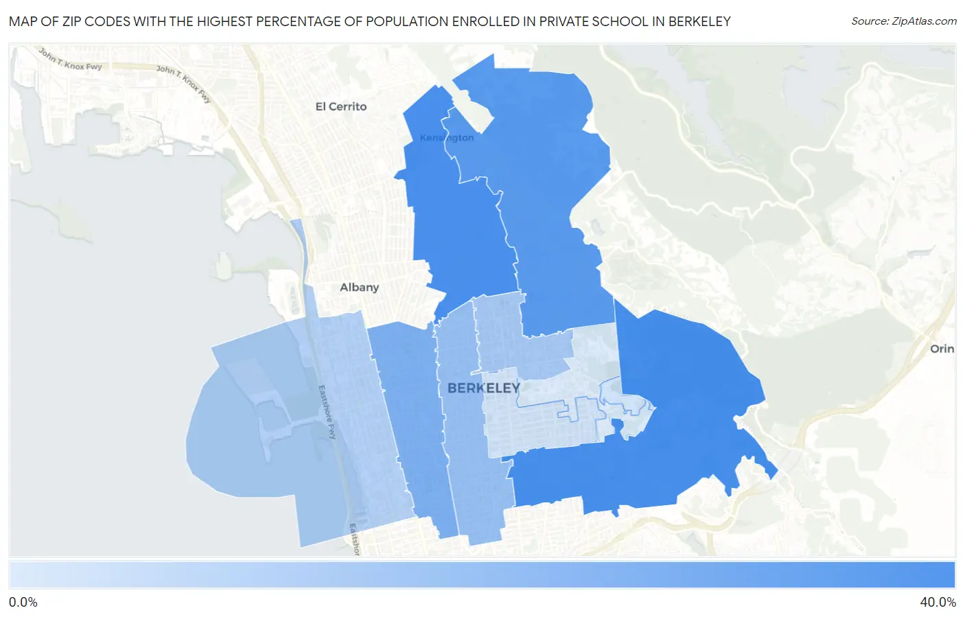 Zip Codes with the Highest Percentage of Population Enrolled in Private School in Berkeley Map