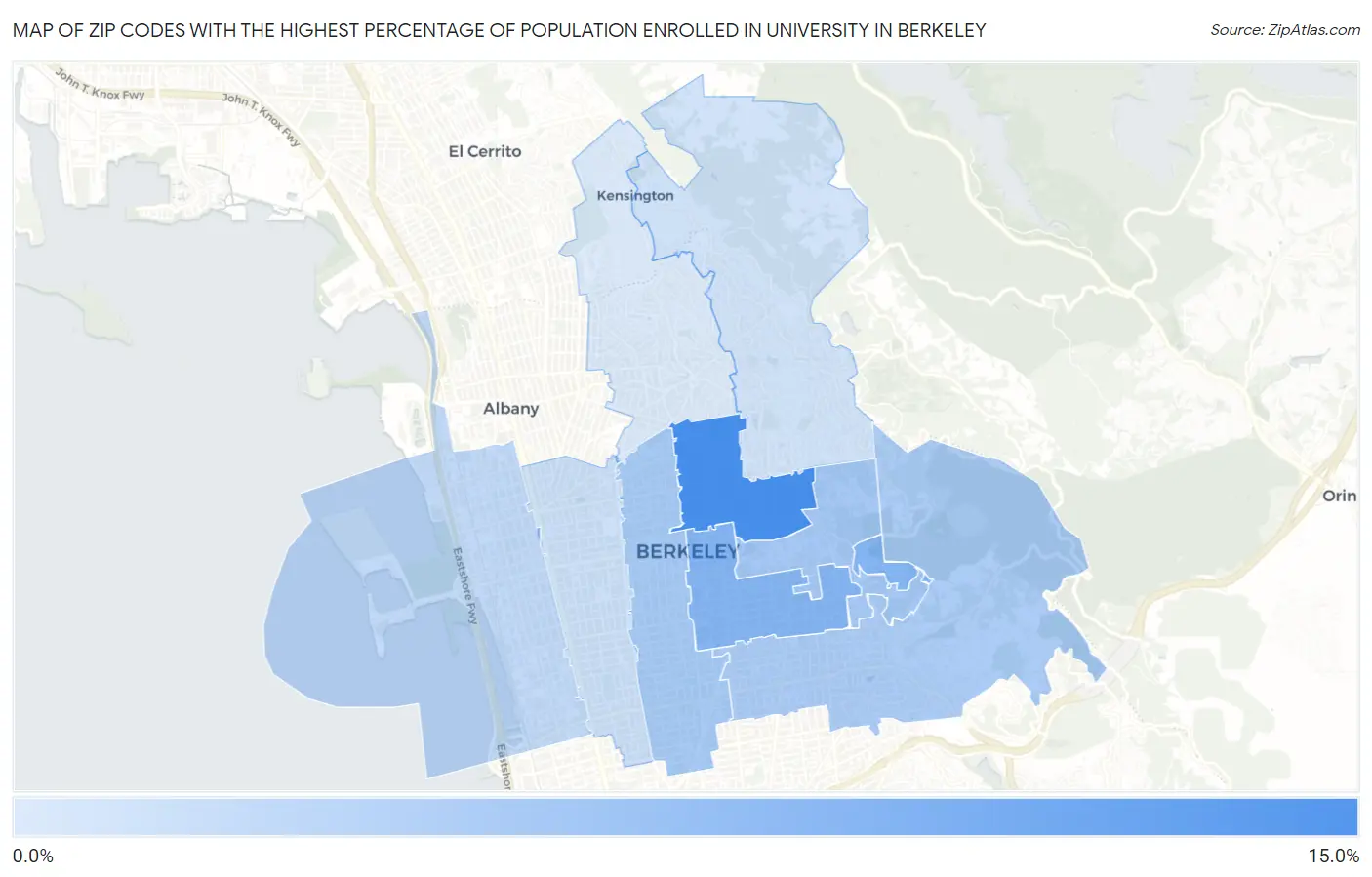 Zip Codes with the Highest Percentage of Population Enrolled in University in Berkeley Map