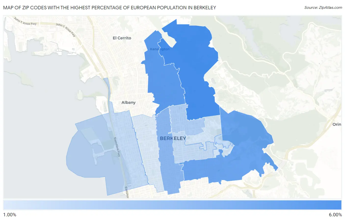 Zip Codes with the Highest Percentage of European Population in Berkeley Map