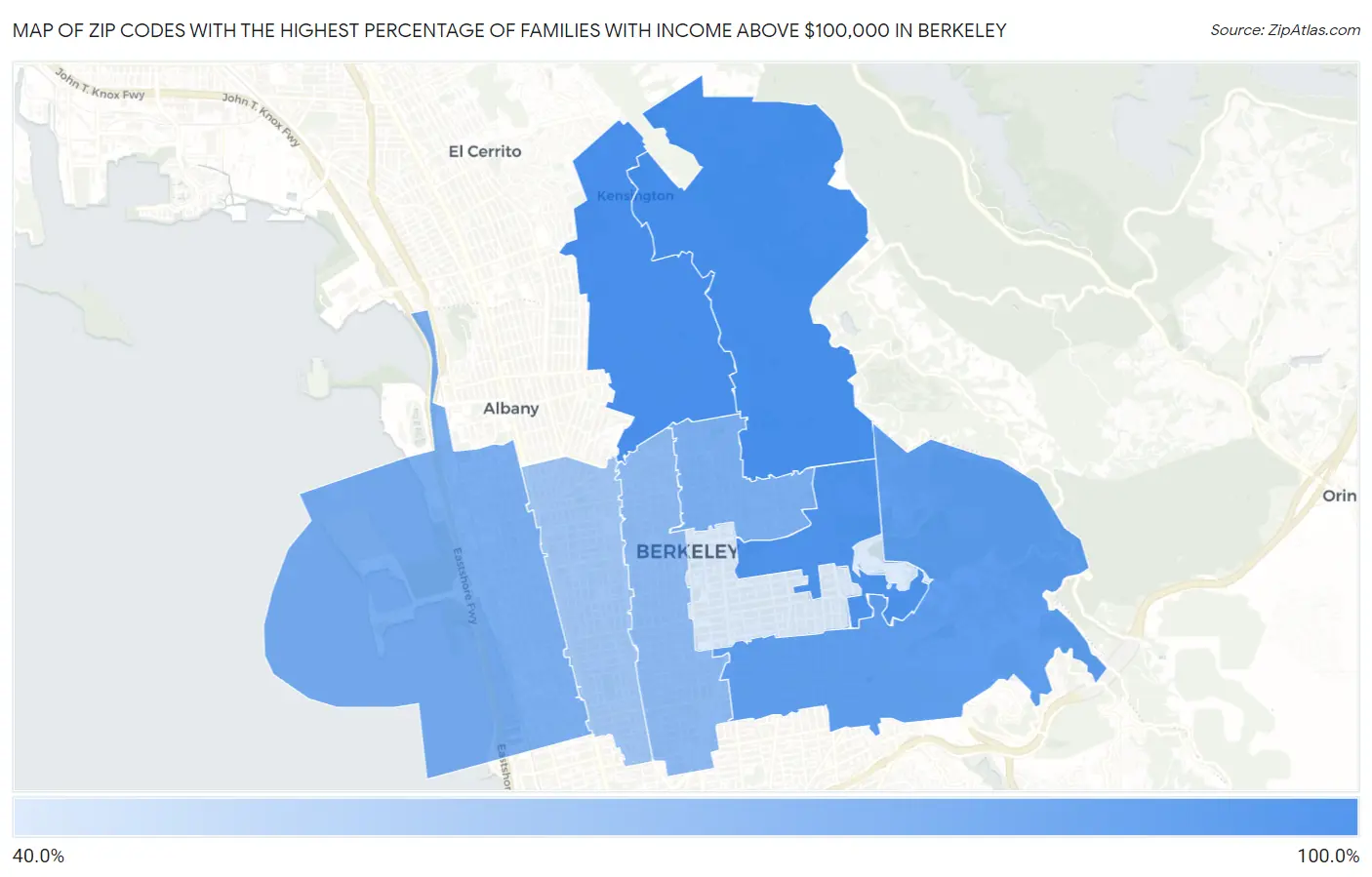 Zip Codes with the Highest Percentage of Families with Income Above $100,000 in Berkeley Map