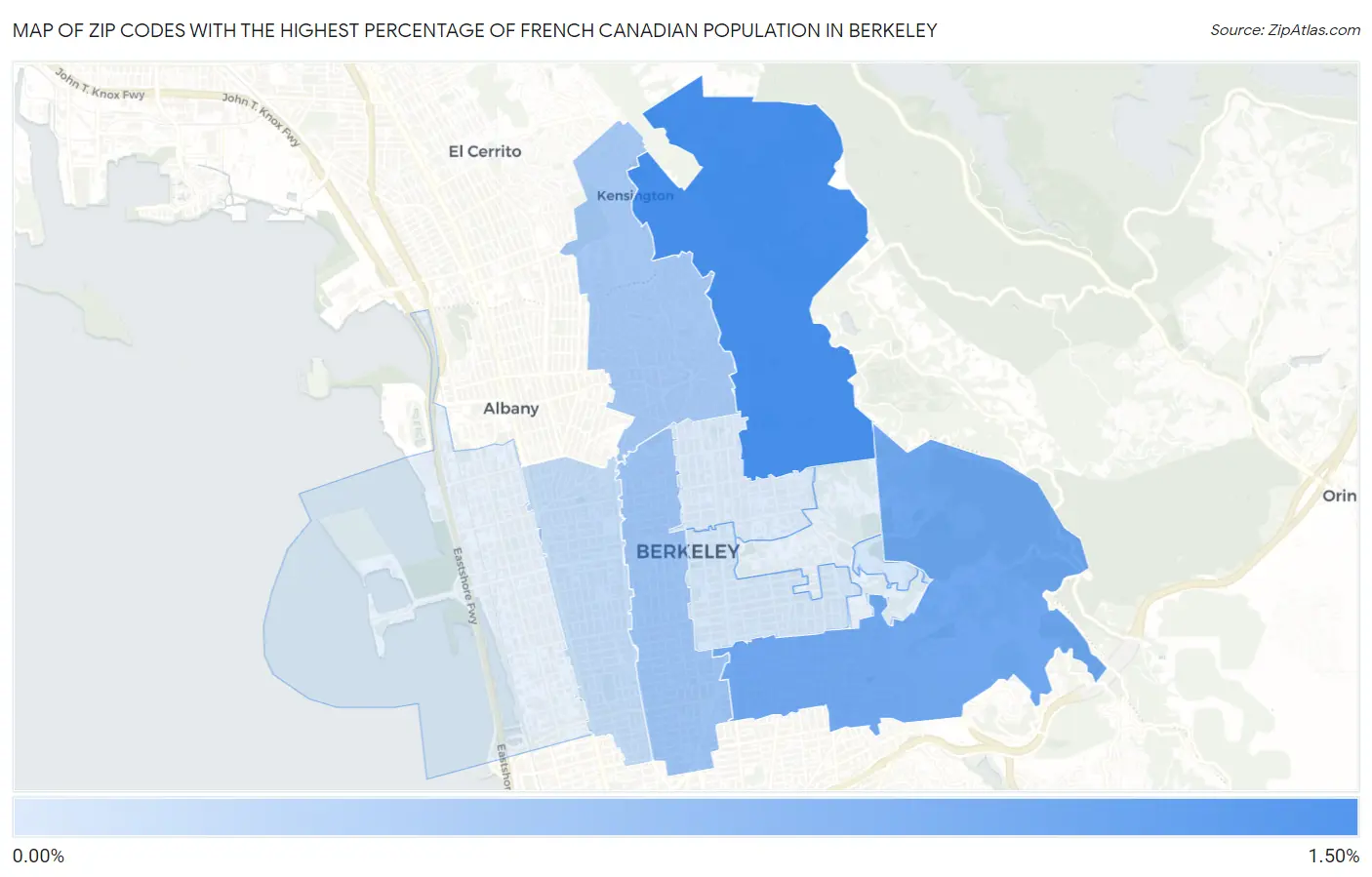Zip Codes with the Highest Percentage of French Canadian Population in Berkeley Map