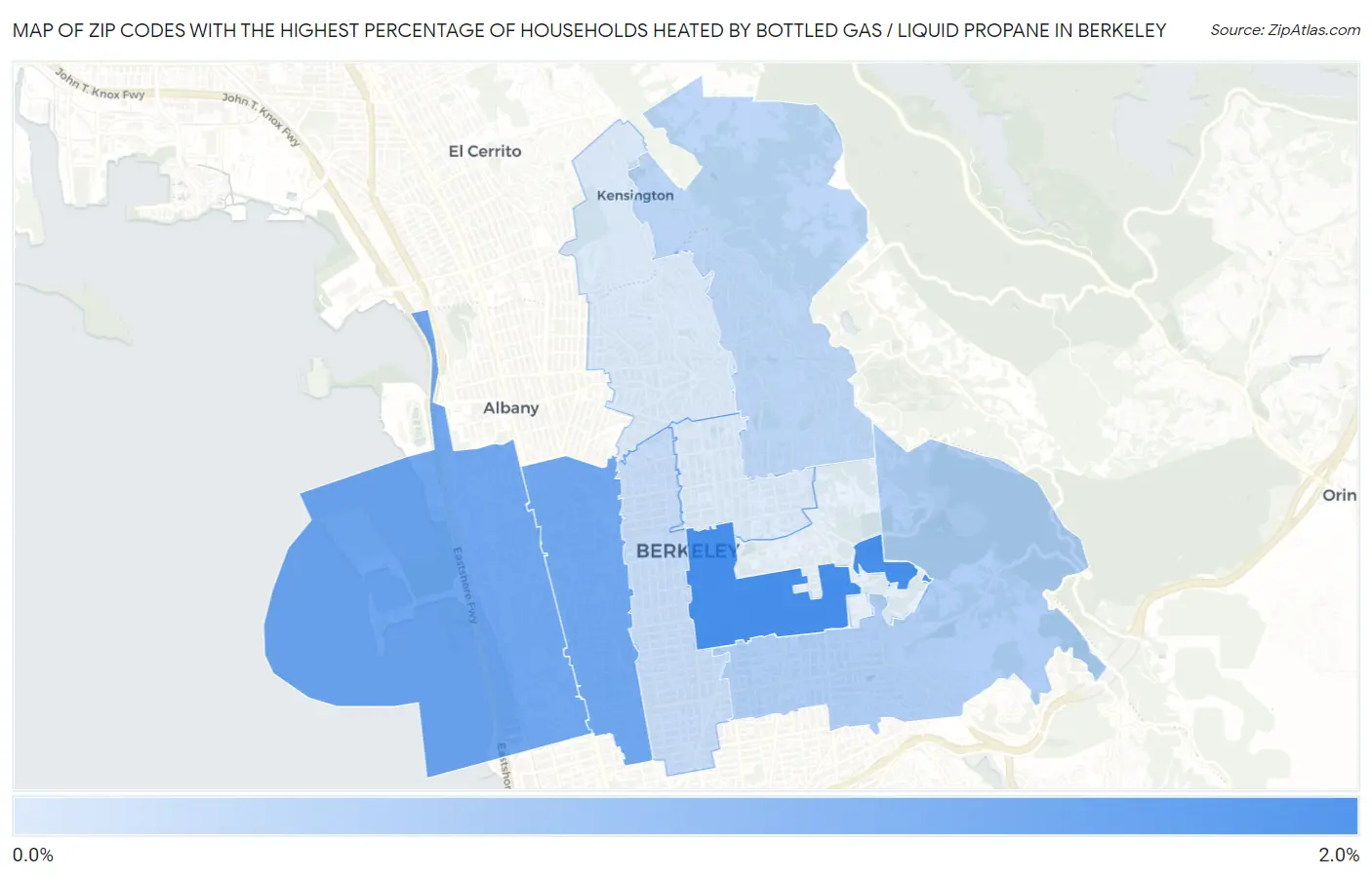 Zip Codes with the Highest Percentage of Households Heated by Bottled Gas / Liquid Propane in Berkeley Map