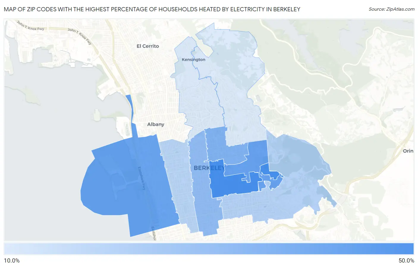 Zip Codes with the Highest Percentage of Households Heated by Electricity in Berkeley Map