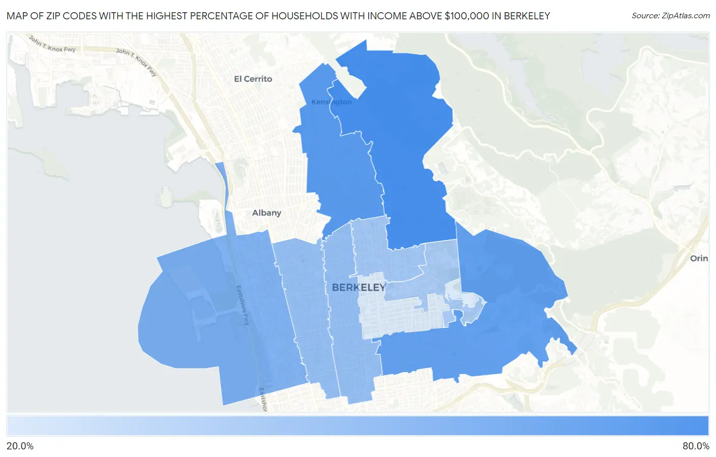 Zip Codes with the Highest Percentage of Households with Income Above $100,000 in Berkeley Map