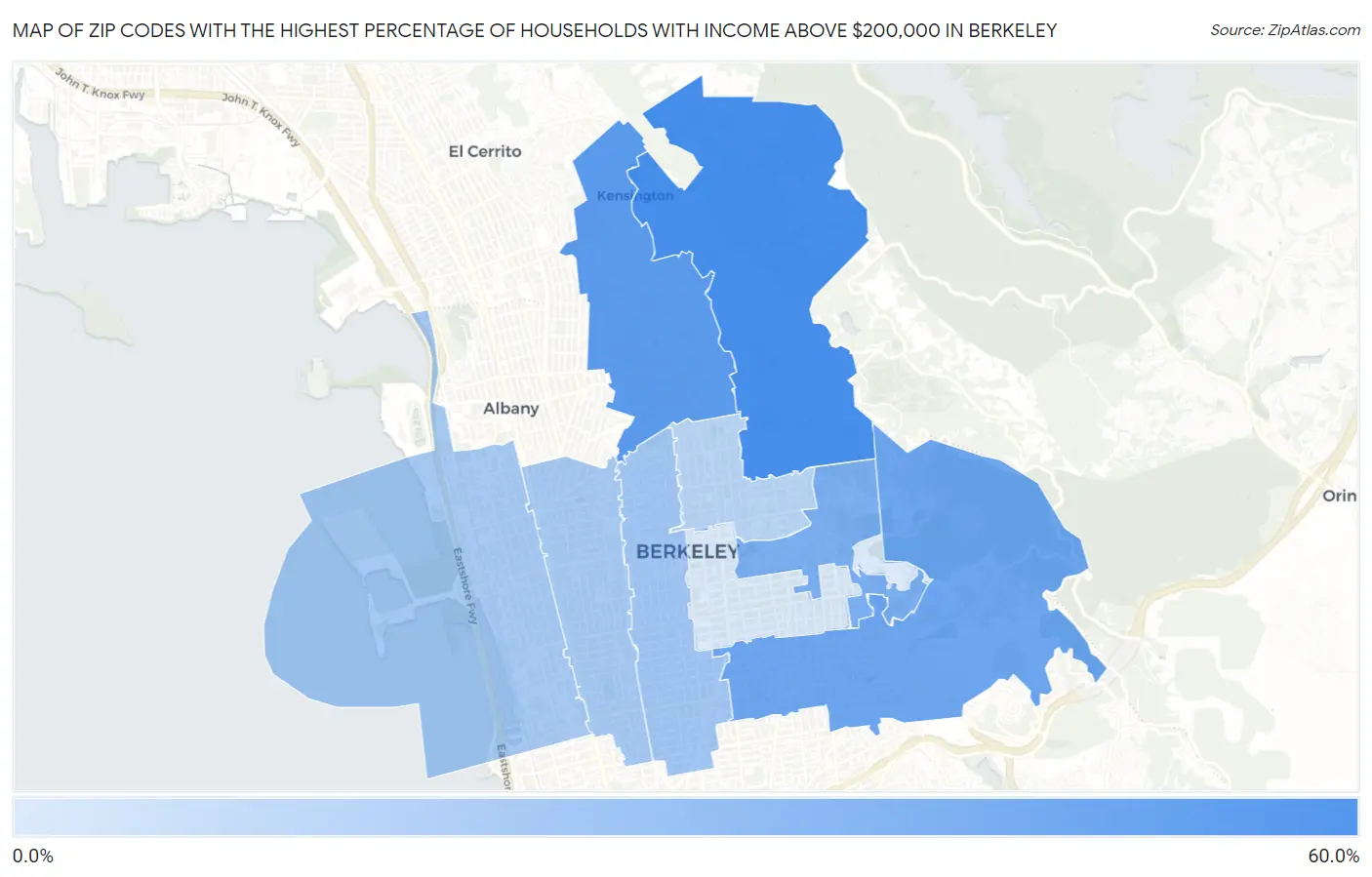 Zip Codes with the Highest Percentage of Households with Income Above $200,000 in Berkeley Map
