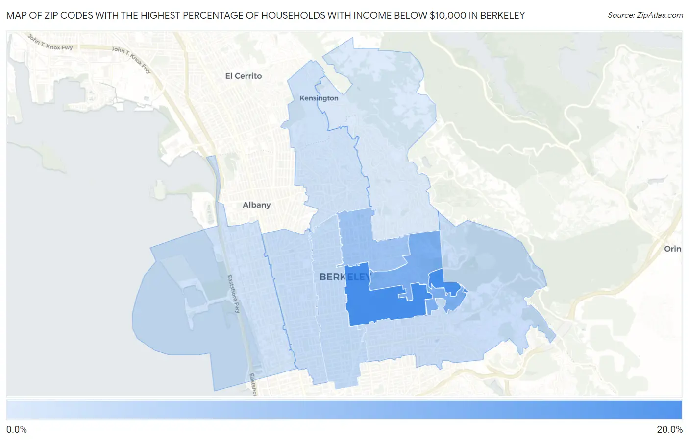 Zip Codes with the Highest Percentage of Households with Income Below $10,000 in Berkeley Map