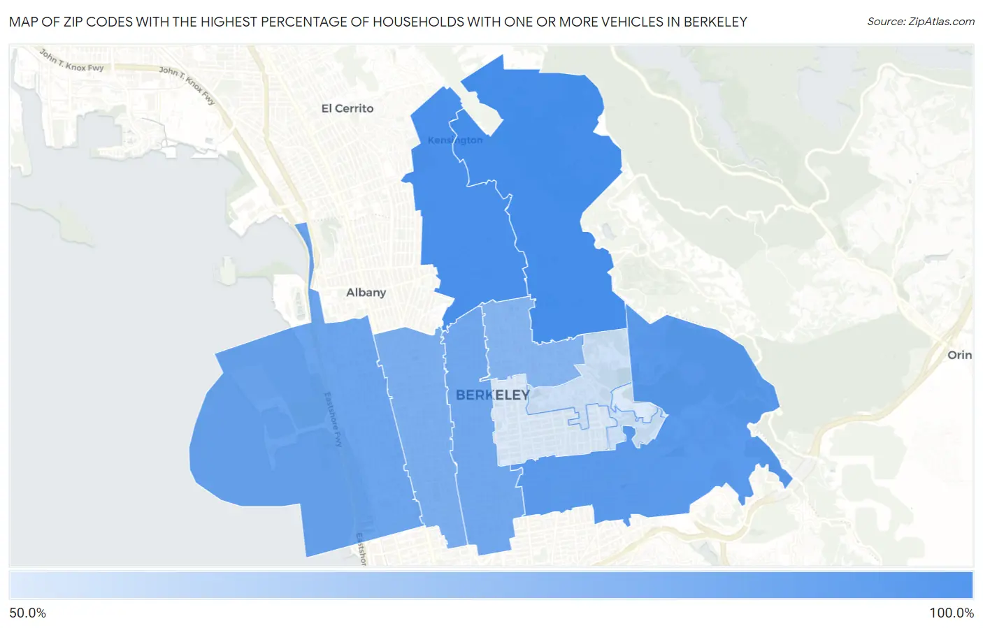 Zip Codes with the Highest Percentage of Households With One or more Vehicles in Berkeley Map