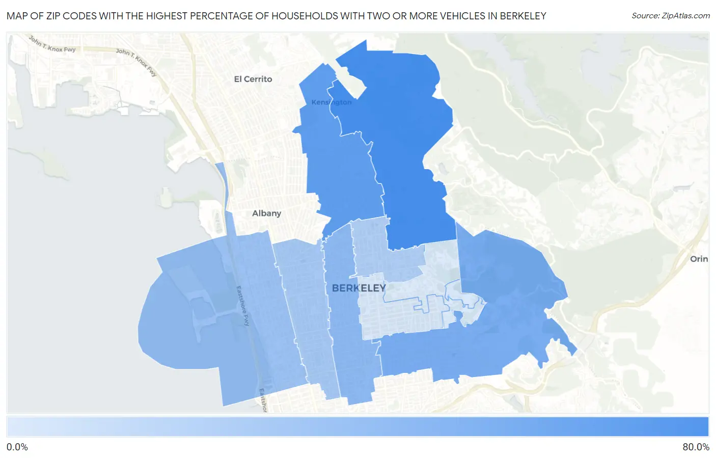 Zip Codes with the Highest Percentage of Households With Two or more Vehicles in Berkeley Map
