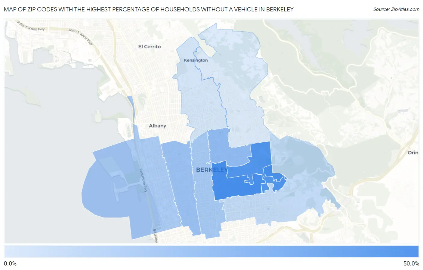 Zip Codes with the Highest Percentage of Households Without a Vehicle in Berkeley Map