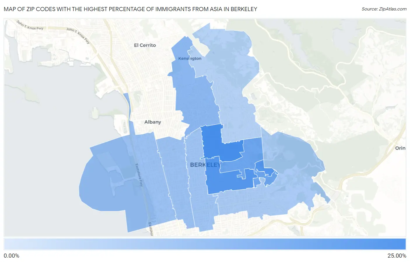 Zip Codes with the Highest Percentage of Immigrants from Asia in Berkeley Map