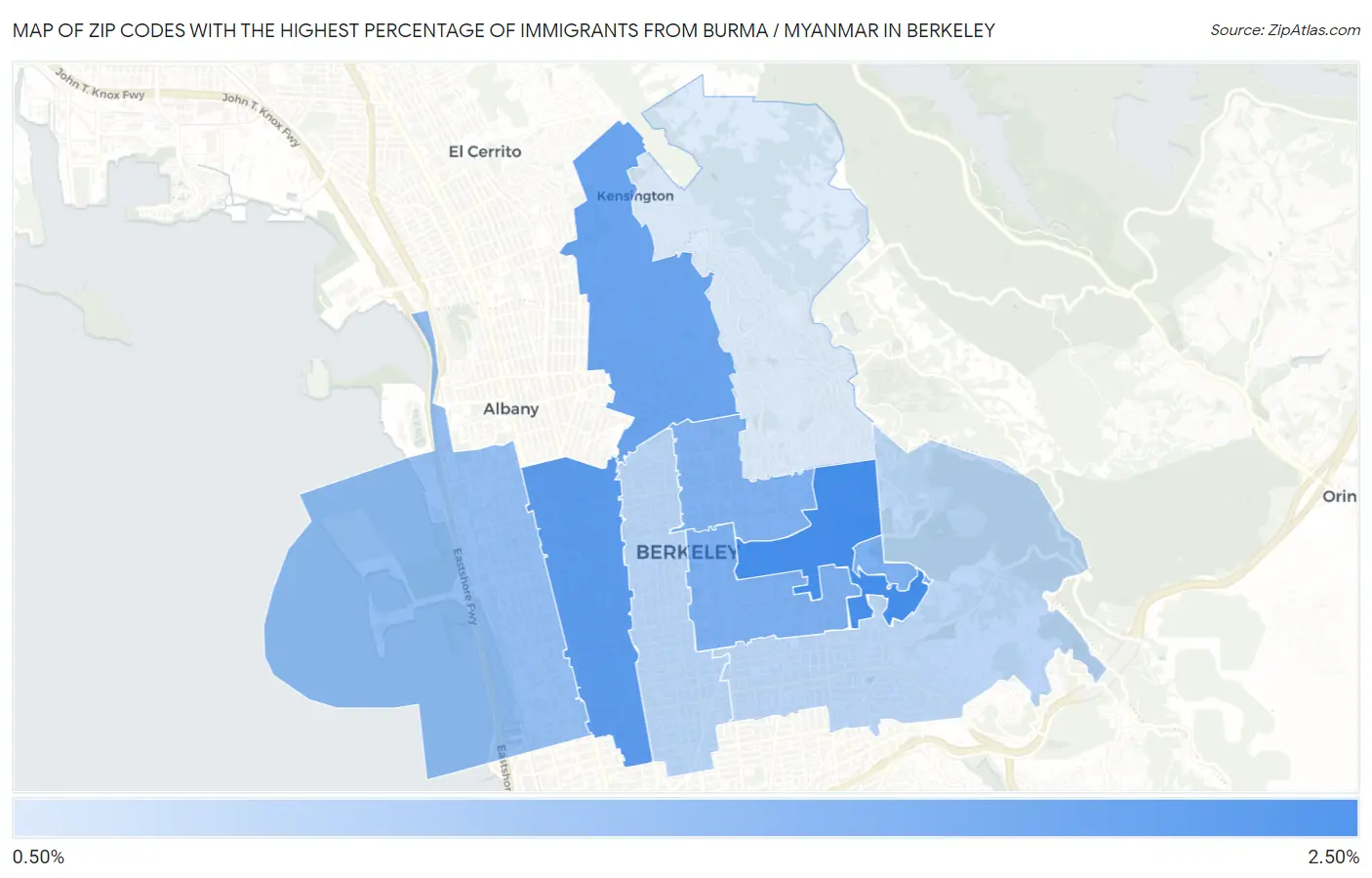 Zip Codes with the Highest Percentage of Immigrants from Burma / Myanmar in Berkeley Map