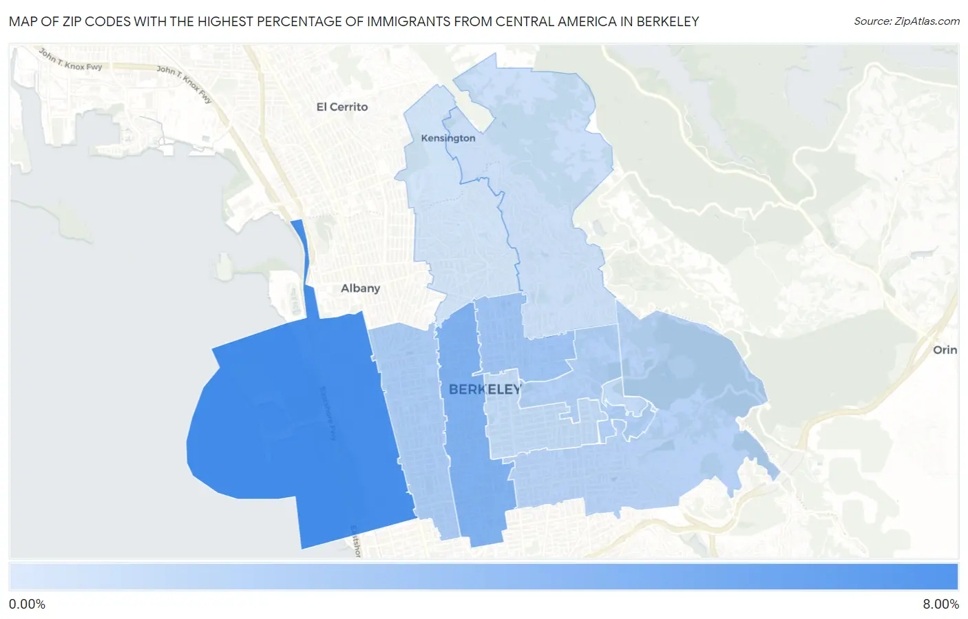 Zip Codes with the Highest Percentage of Immigrants from Central America in Berkeley Map