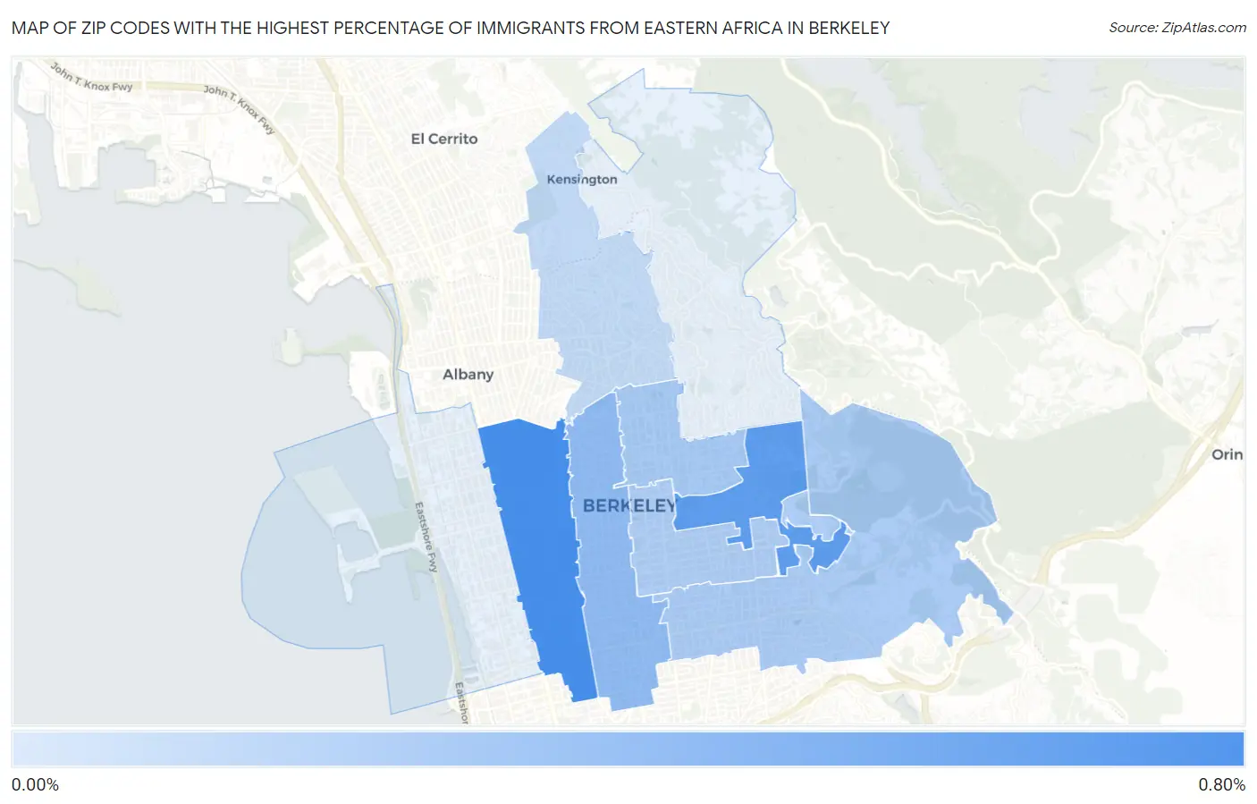 Zip Codes with the Highest Percentage of Immigrants from Eastern Africa in Berkeley Map