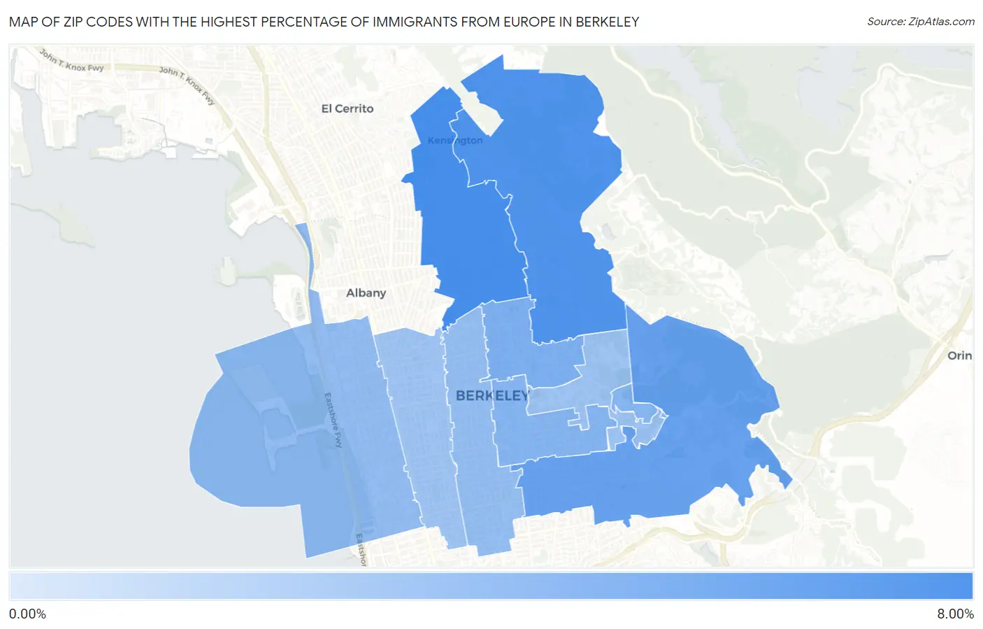 Zip Codes with the Highest Percentage of Immigrants from Europe in Berkeley Map