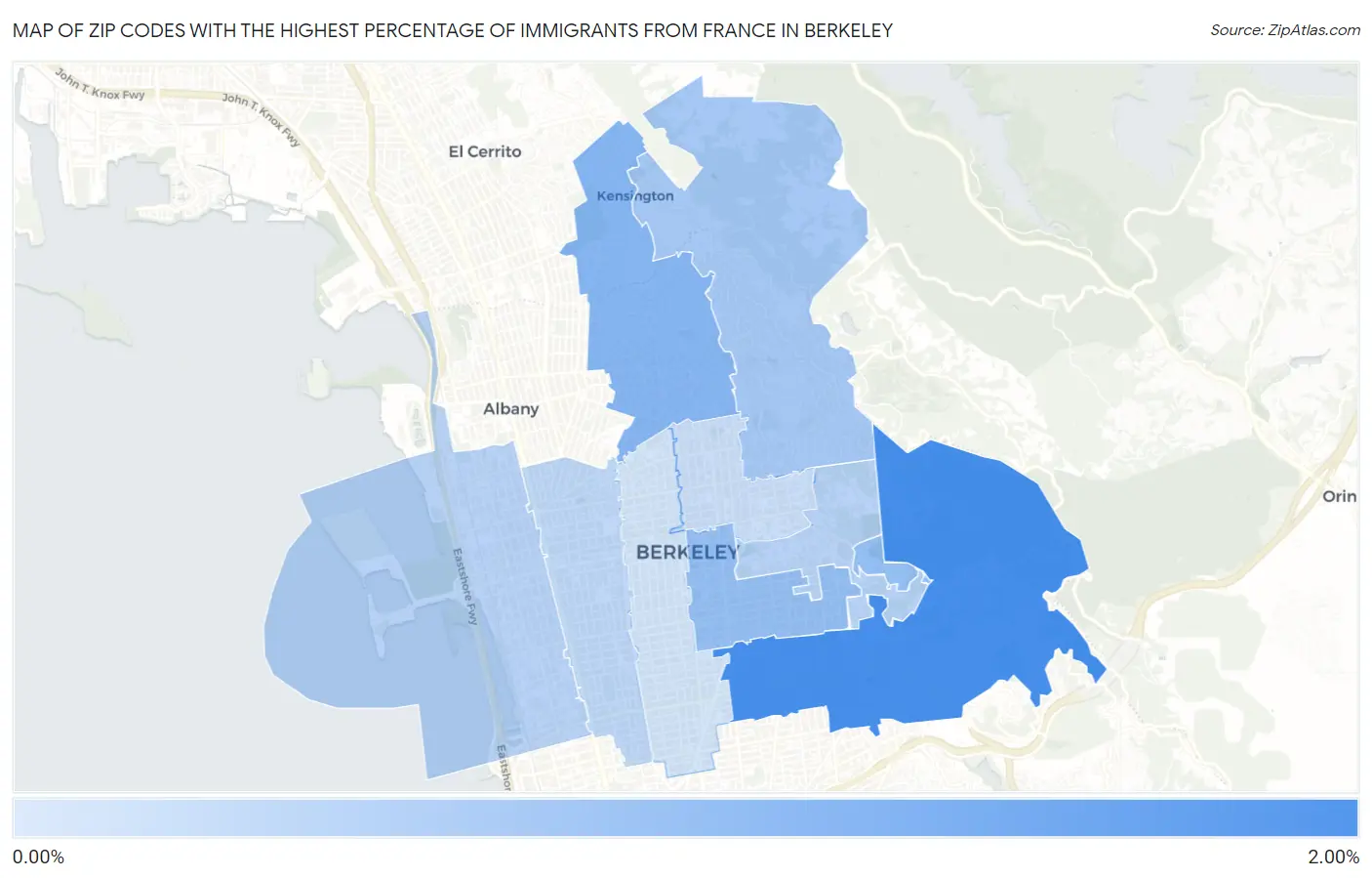 Zip Codes with the Highest Percentage of Immigrants from France in Berkeley Map