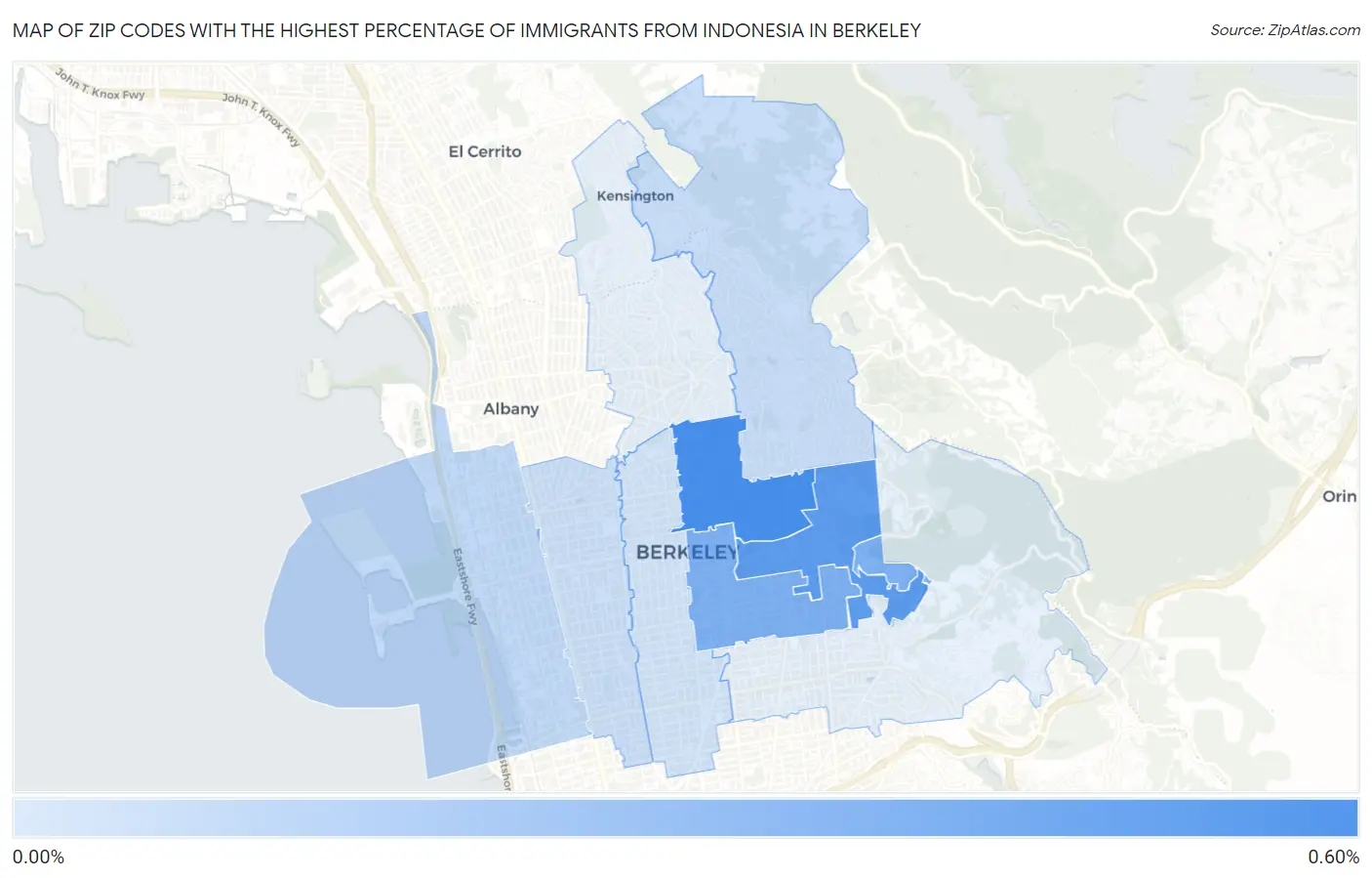 Zip Codes with the Highest Percentage of Immigrants from Indonesia in Berkeley Map