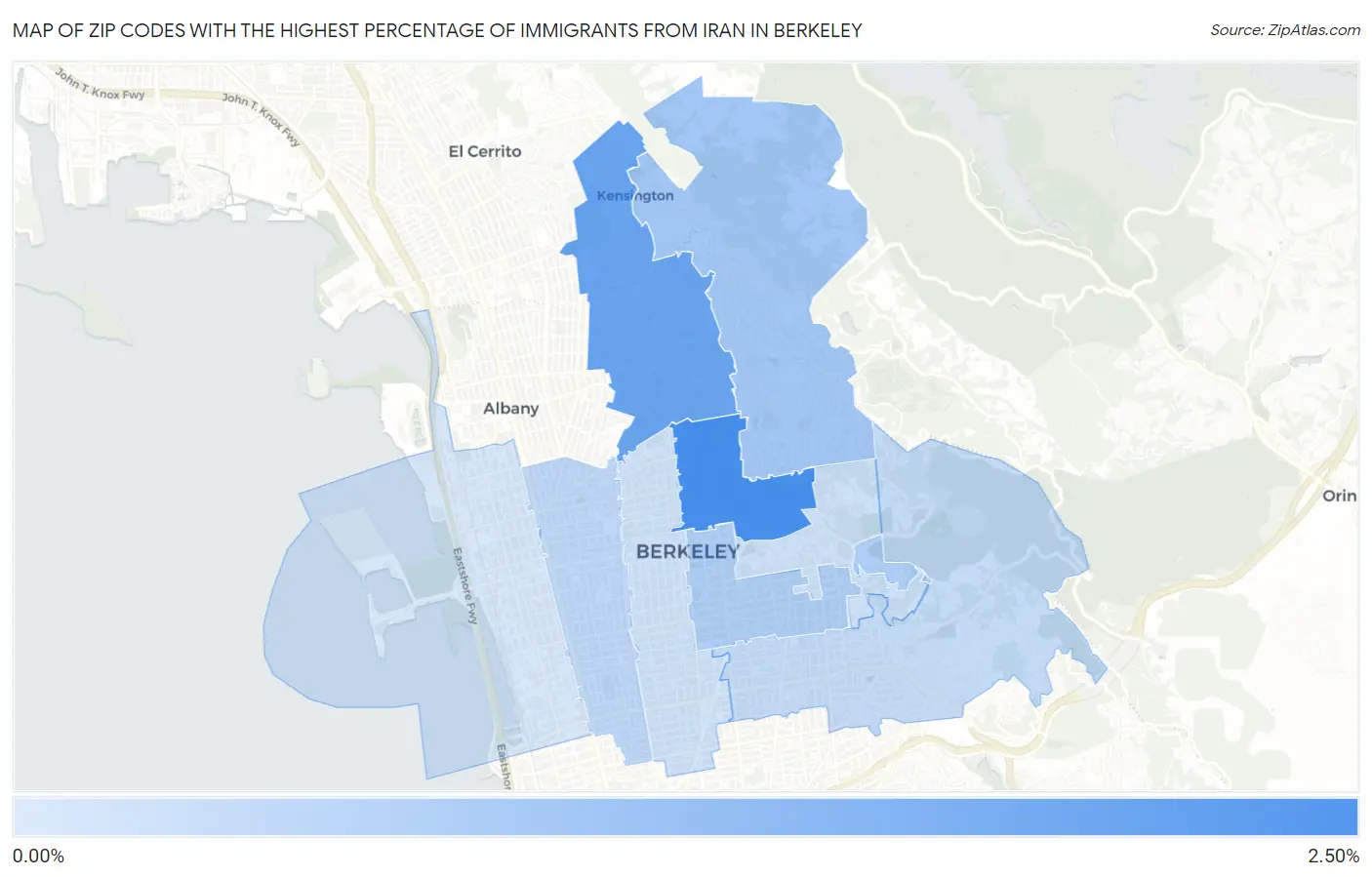 Zip Codes with the Highest Percentage of Immigrants from Iran in Berkeley Map