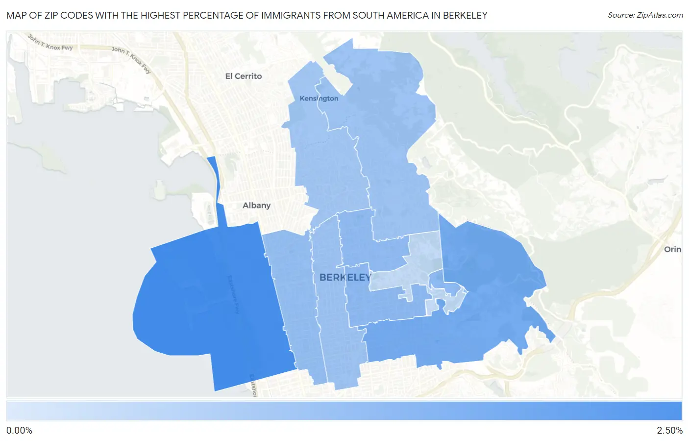 Zip Codes with the Highest Percentage of Immigrants from South America in Berkeley Map