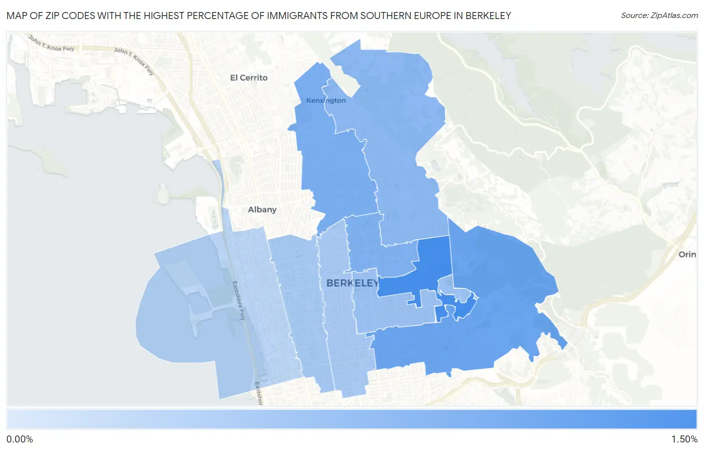 Zip Codes with the Highest Percentage of Immigrants from Southern Europe in Berkeley Map