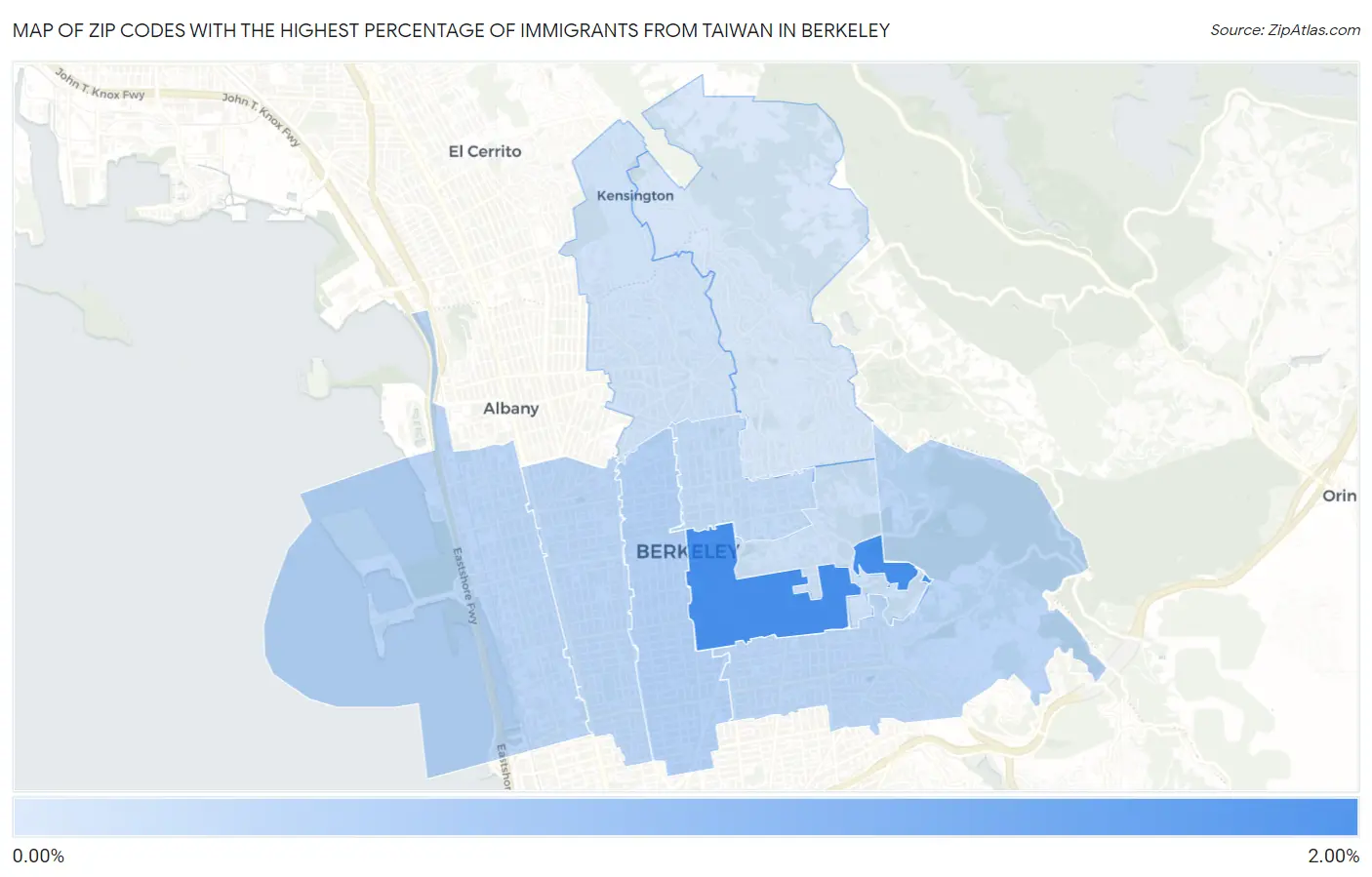 Zip Codes with the Highest Percentage of Immigrants from Taiwan in Berkeley Map