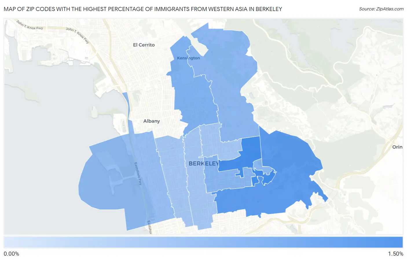 Zip Codes with the Highest Percentage of Immigrants from Western Asia in Berkeley Map