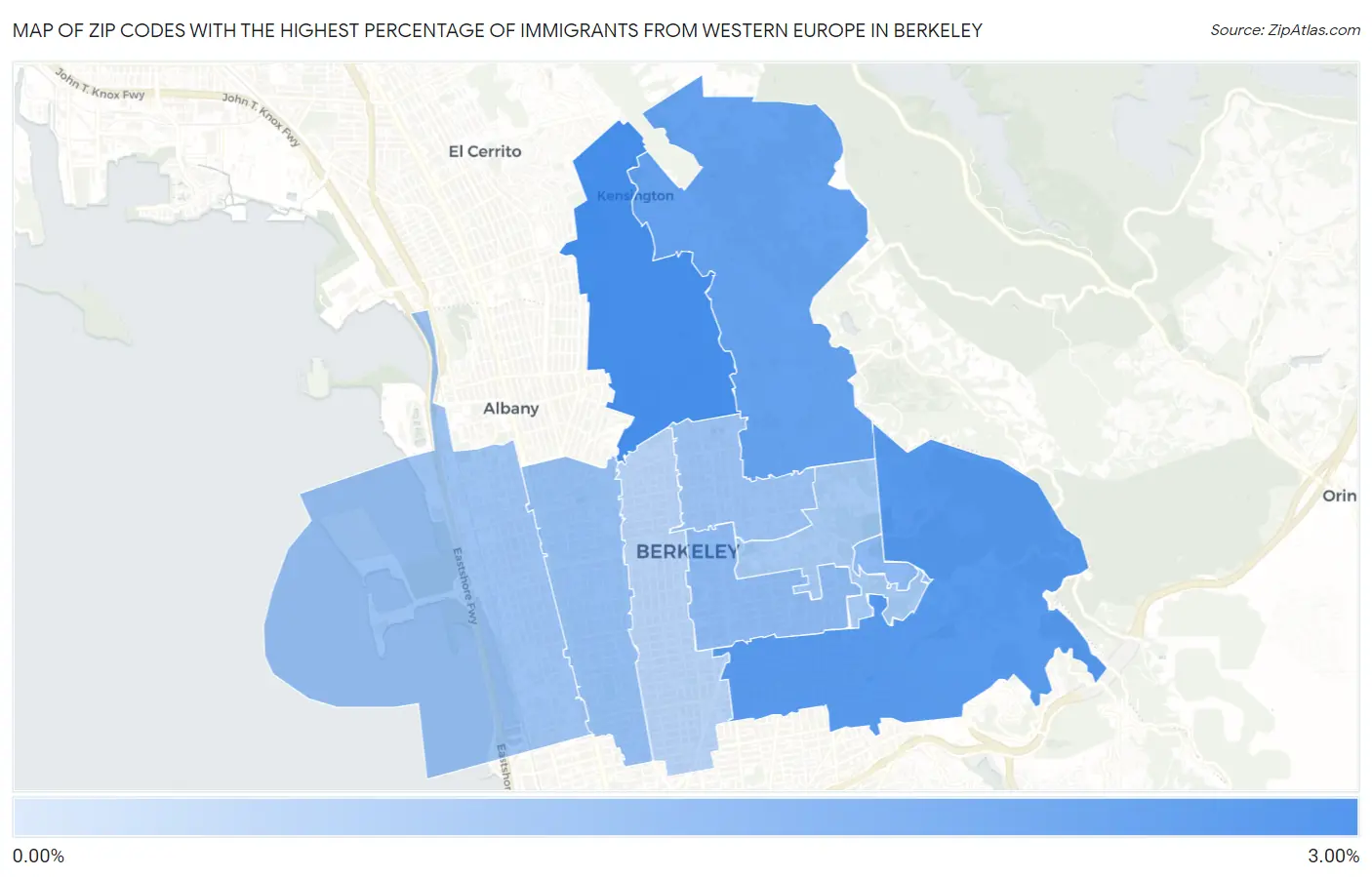 Zip Codes with the Highest Percentage of Immigrants from Western Europe in Berkeley Map