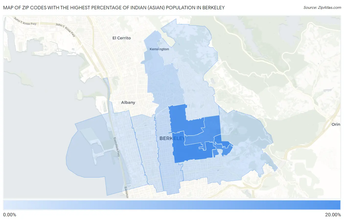 Zip Codes with the Highest Percentage of Indian (Asian) Population in Berkeley Map