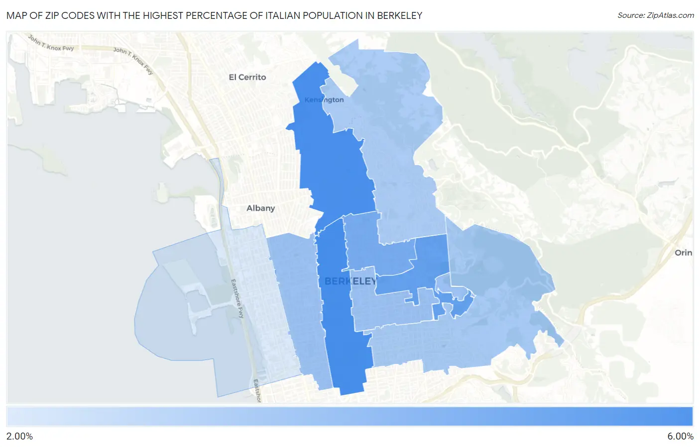 Zip Codes with the Highest Percentage of Italian Population in Berkeley Map