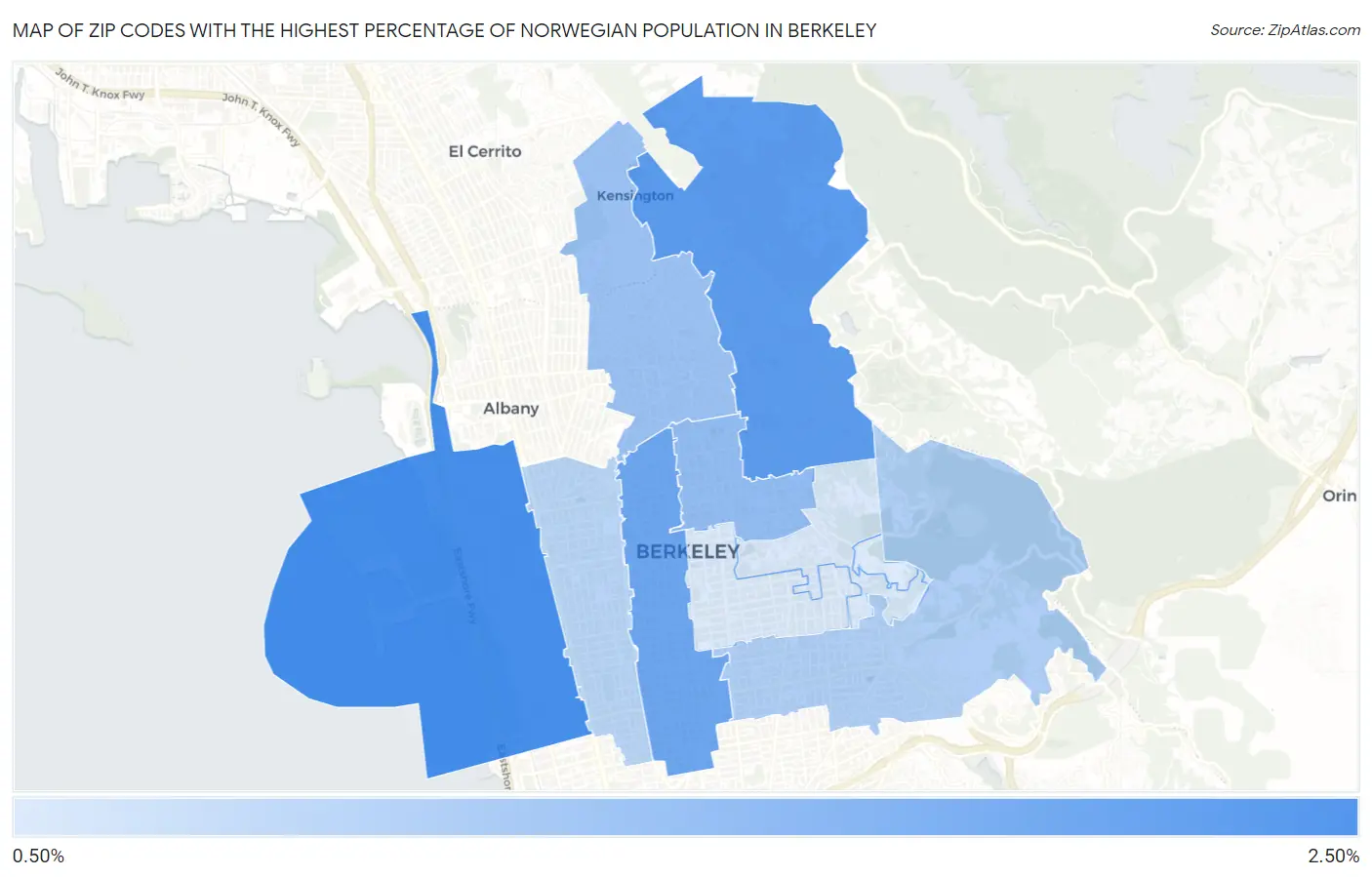 Zip Codes with the Highest Percentage of Norwegian Population in Berkeley Map