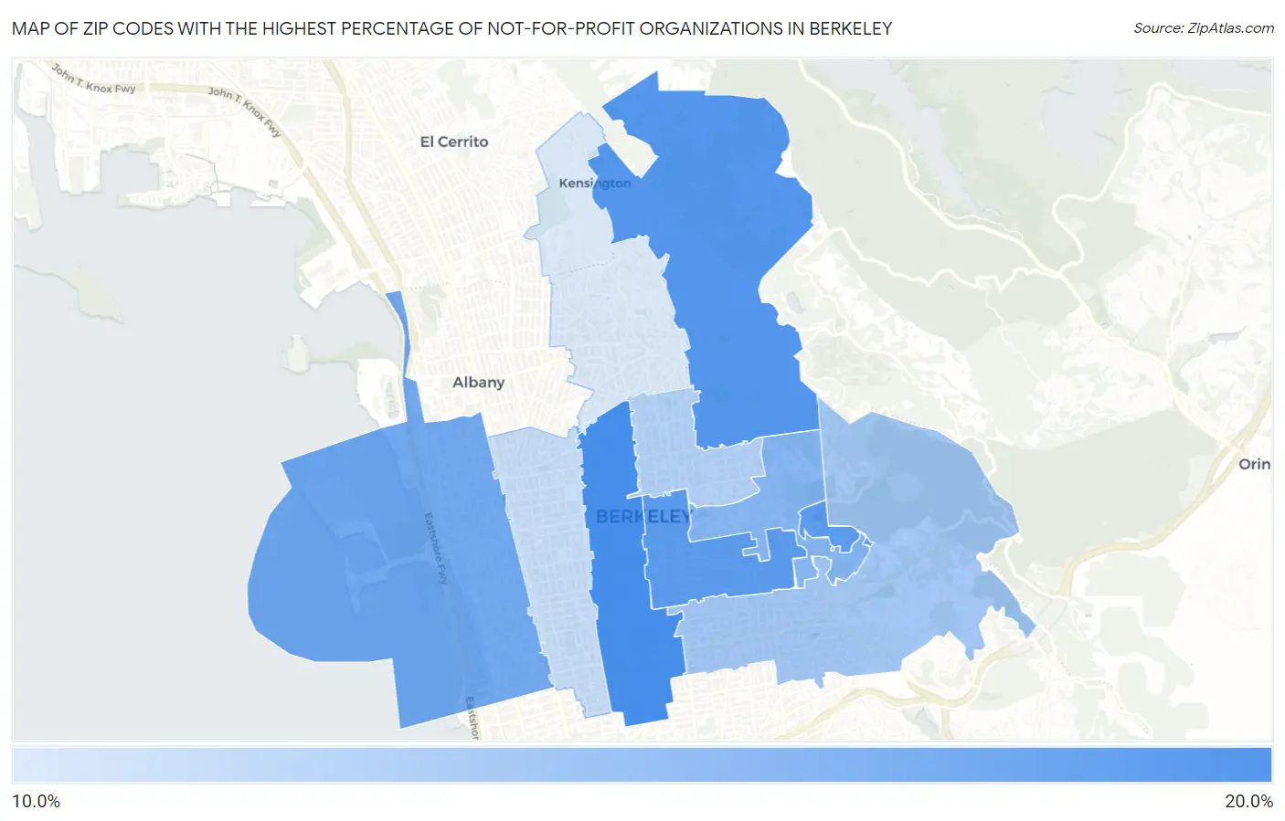 Zip Codes with the Highest Percentage of Not-for-profit Organizations in Berkeley Map