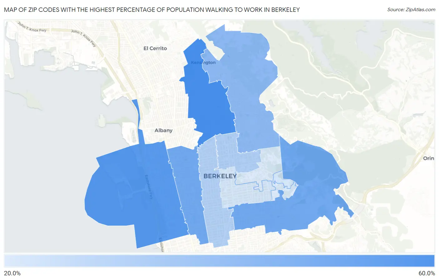 Zip Codes with the Highest Percentage of Population Walking to Work in Berkeley Map