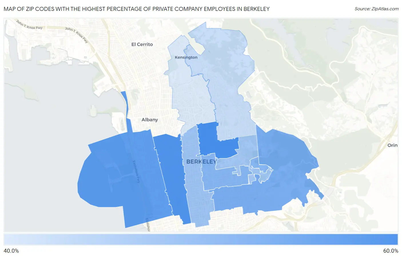 Zip Codes with the Highest Percentage of Private Company Employees in Berkeley Map
