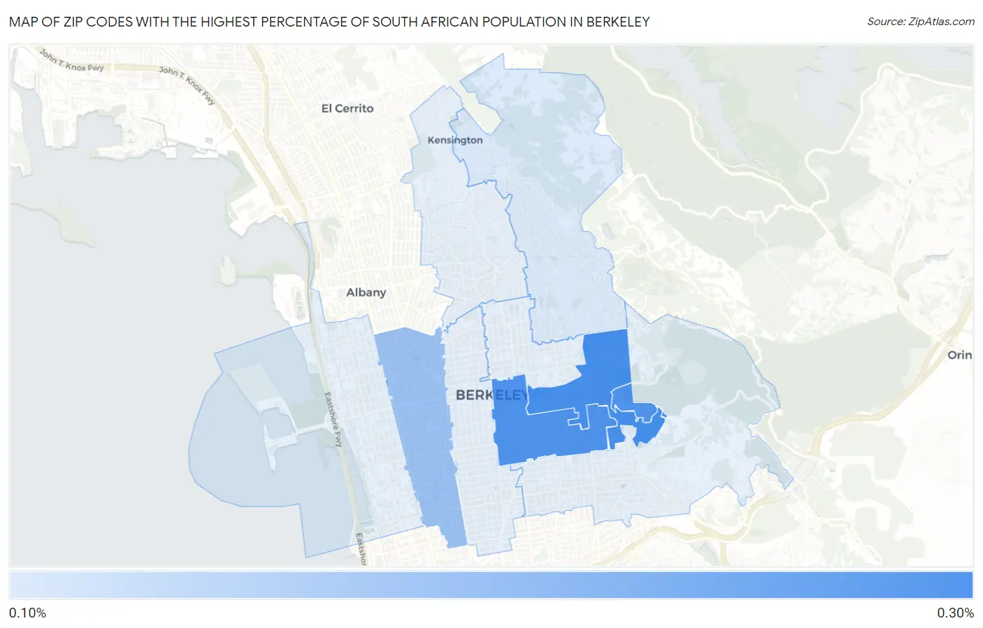 Zip Codes with the Highest Percentage of South African Population in Berkeley Map