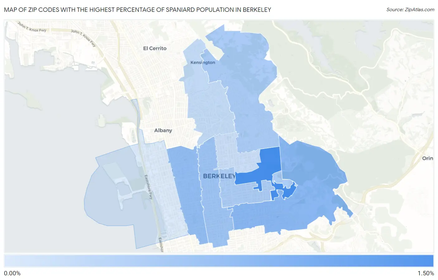 Zip Codes with the Highest Percentage of Spaniard Population in Berkeley Map