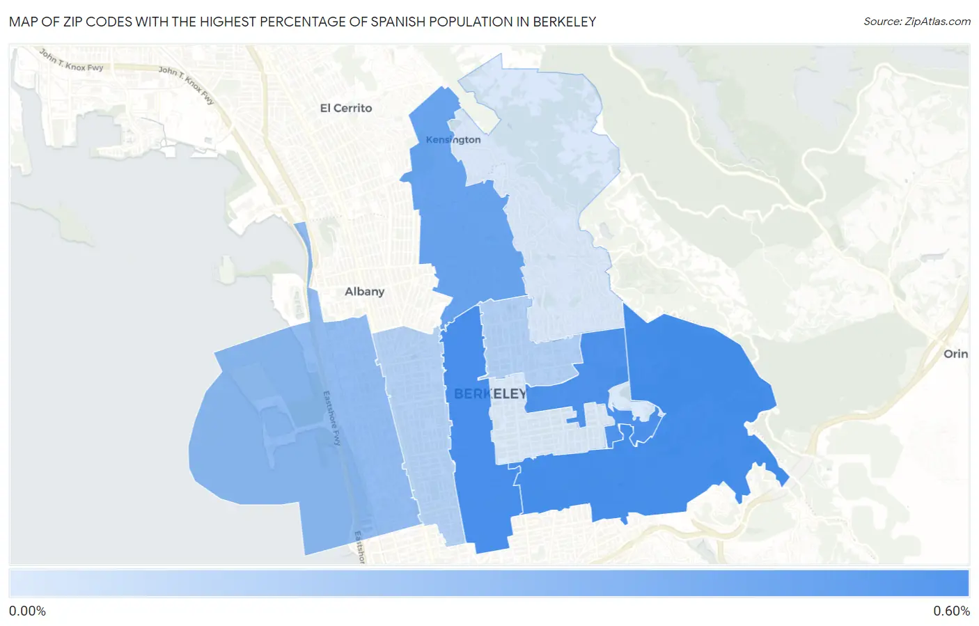 Zip Codes with the Highest Percentage of Spanish Population in Berkeley Map