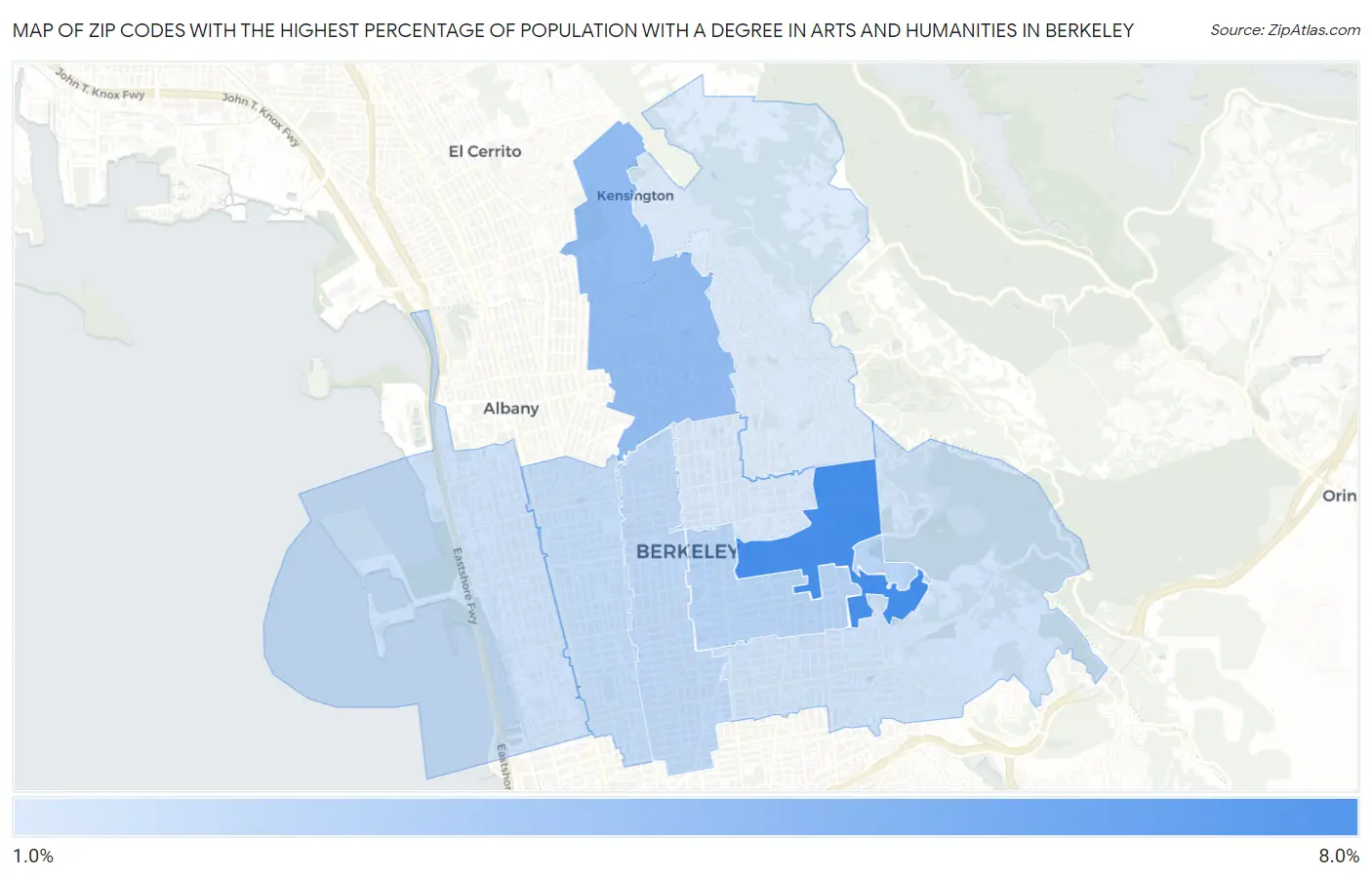 Zip Codes with the Highest Percentage of Population with a Degree in Arts and Humanities in Berkeley Map