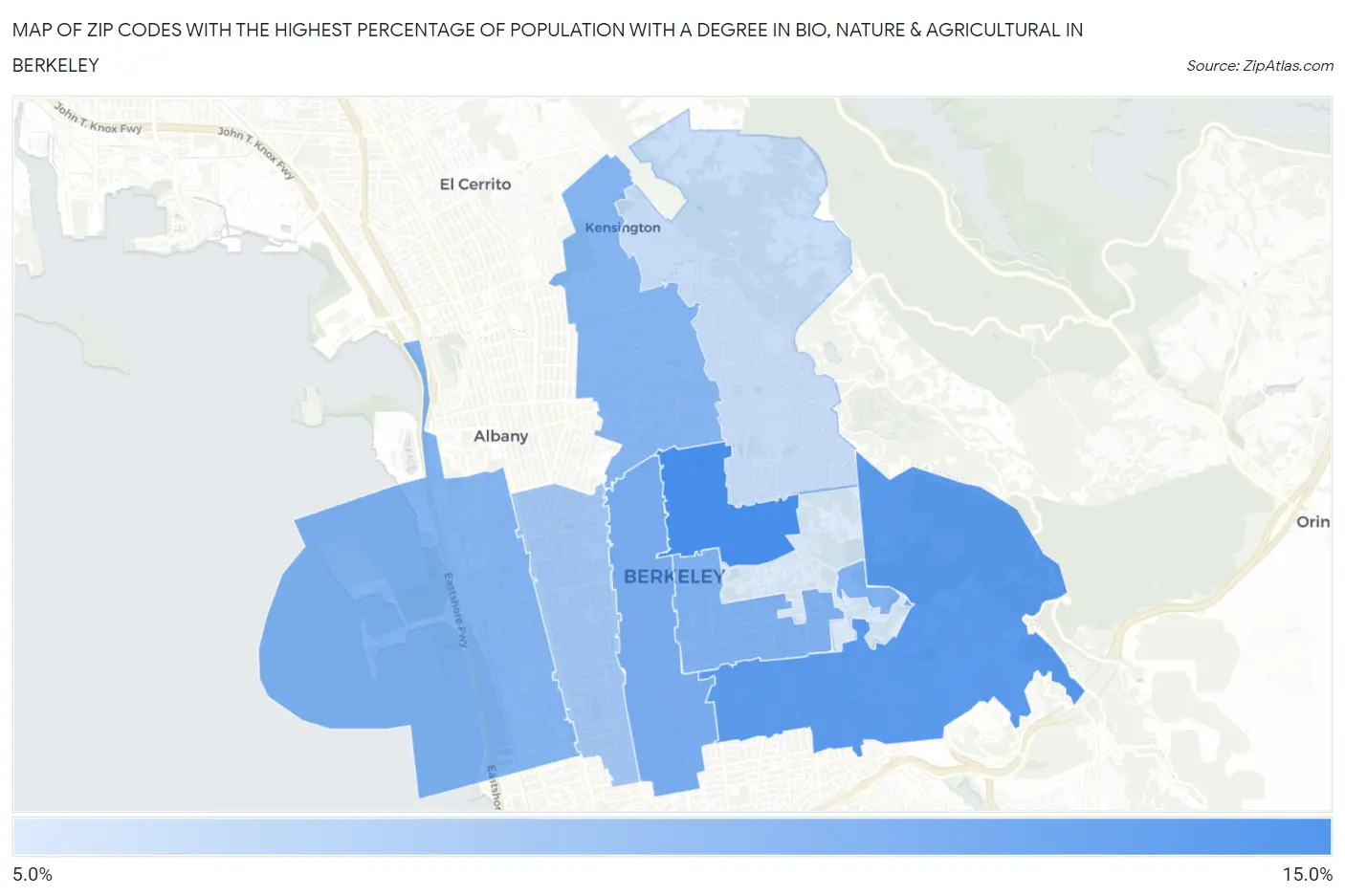 Zip Codes with the Highest Percentage of Population with a Degree in Bio, Nature & Agricultural in Berkeley Map