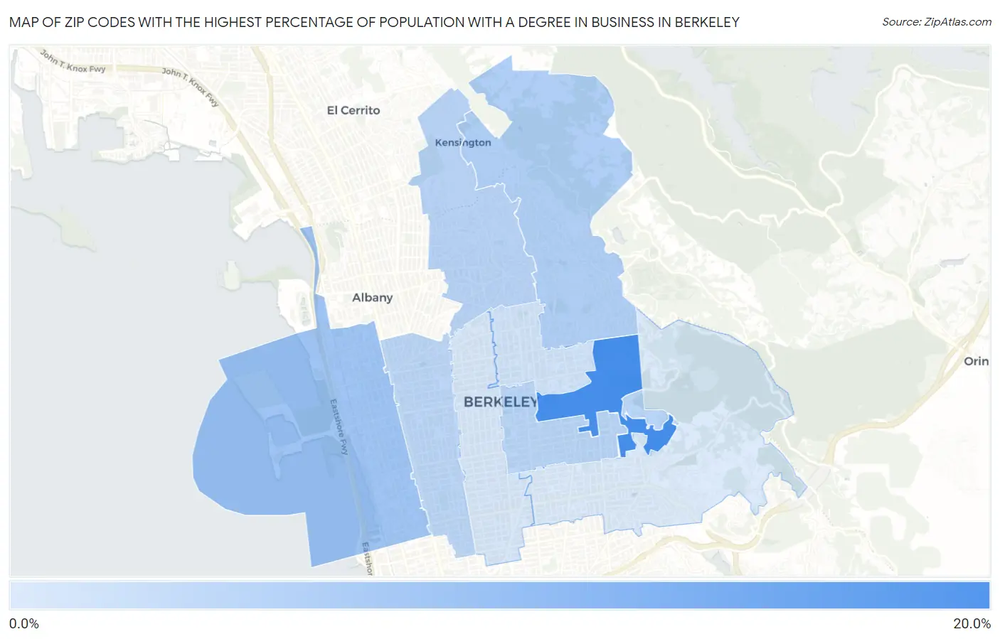 Zip Codes with the Highest Percentage of Population with a Degree in Business in Berkeley Map